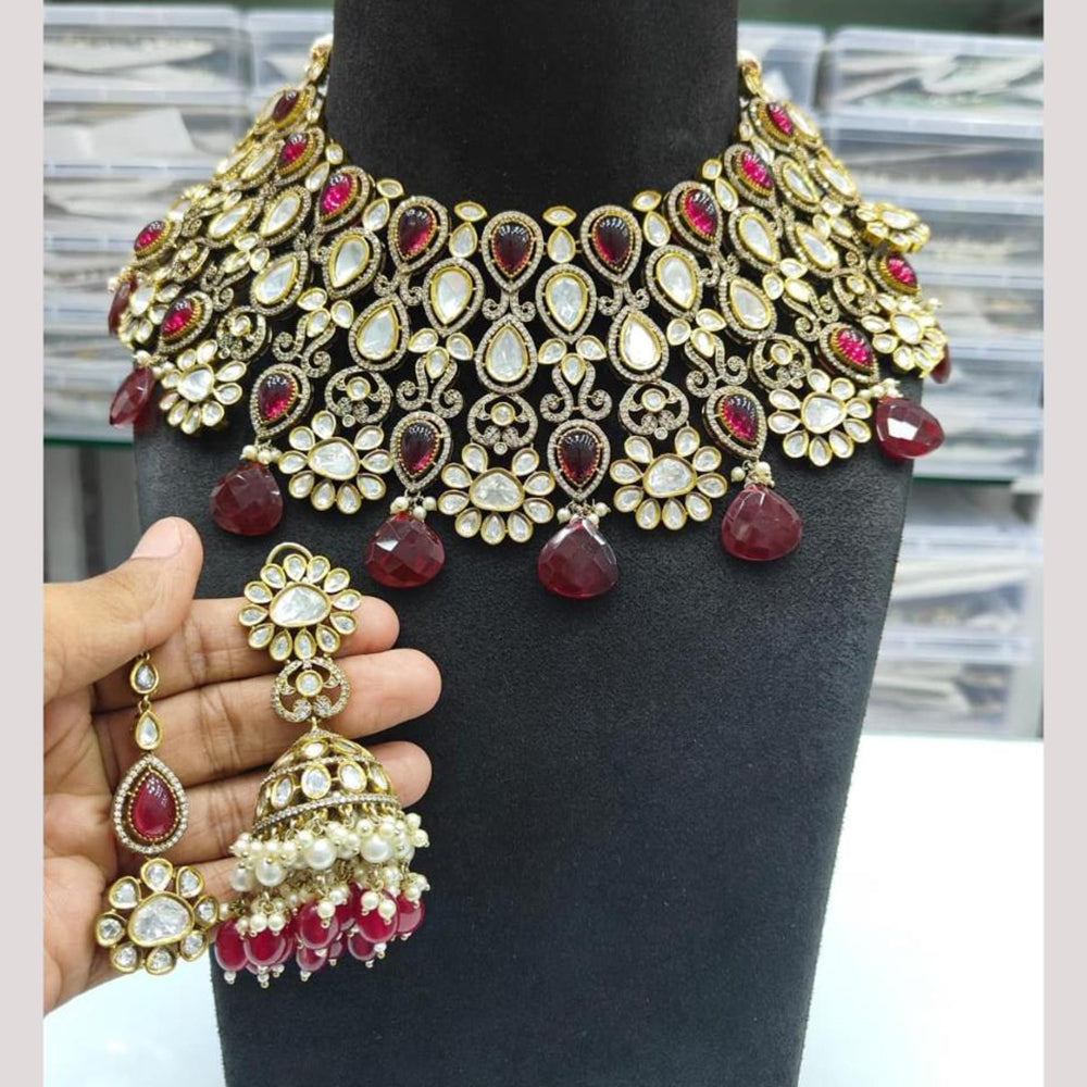 JCM Jewellery Gold Plated Polki Kundan Stone And Beads Choker Necklace Set