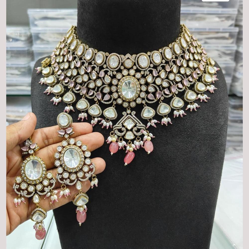 JCM Gold Plated Polki Kundan Stone And Pearl Choker Necklace Set