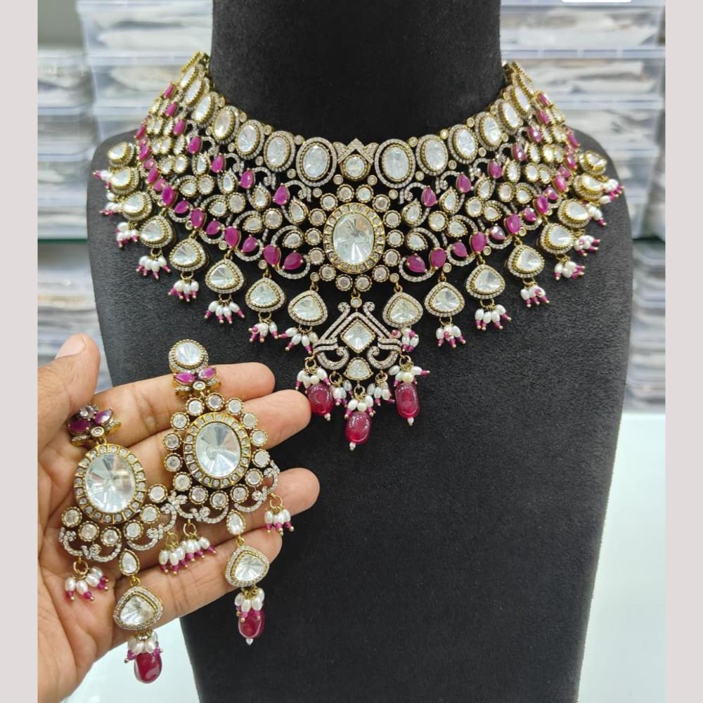 JCM Gold Plated Polki Kundan Stone And Pearl Choker Necklace Set