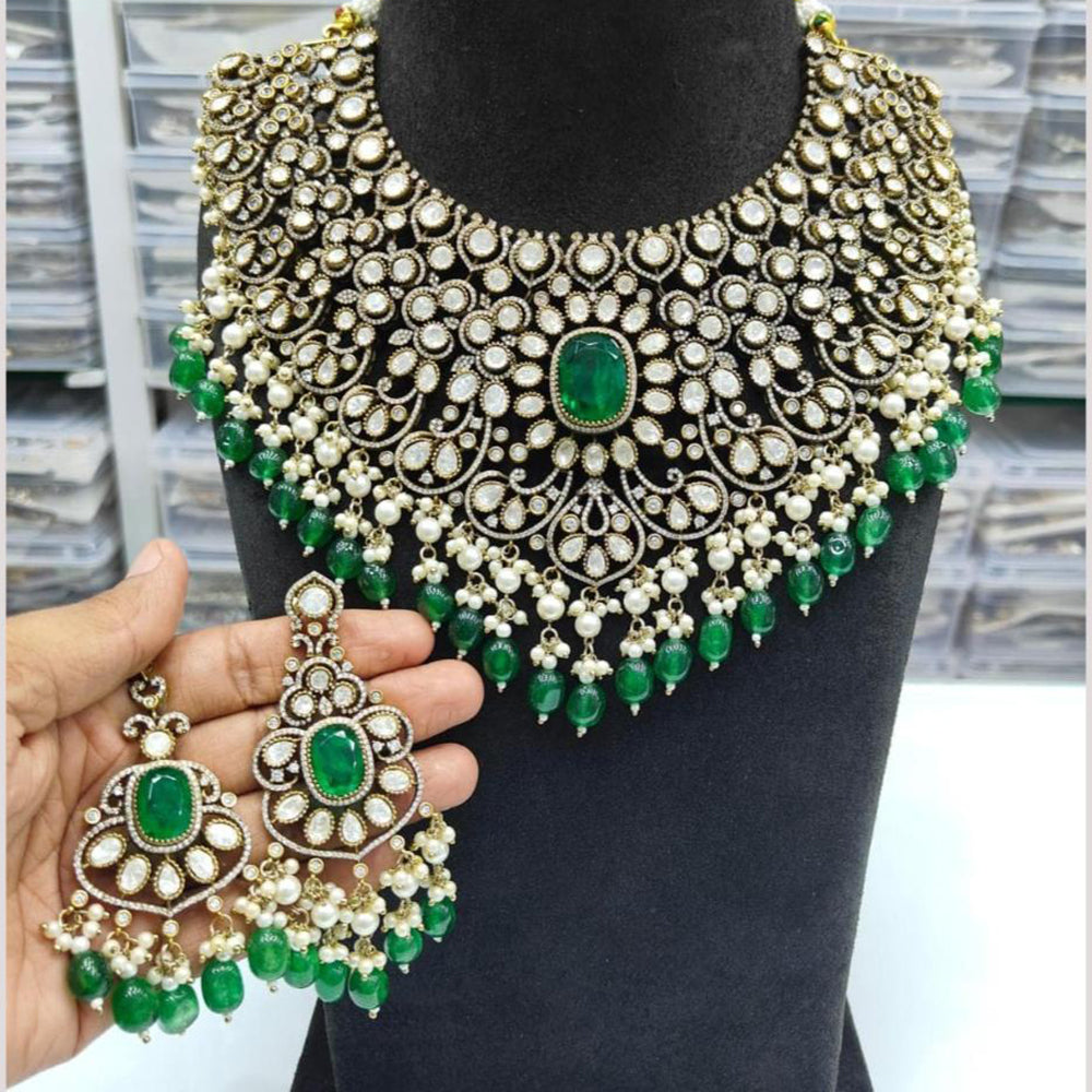 JCM Gold Plated Polki Kundan Stone And Beads Necklace Set