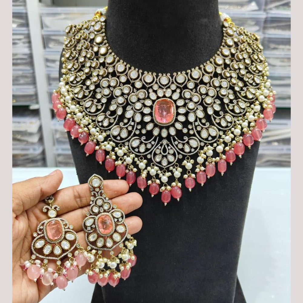 JCM Gold Plated Polki Kundan Stone And Beads Necklace Set