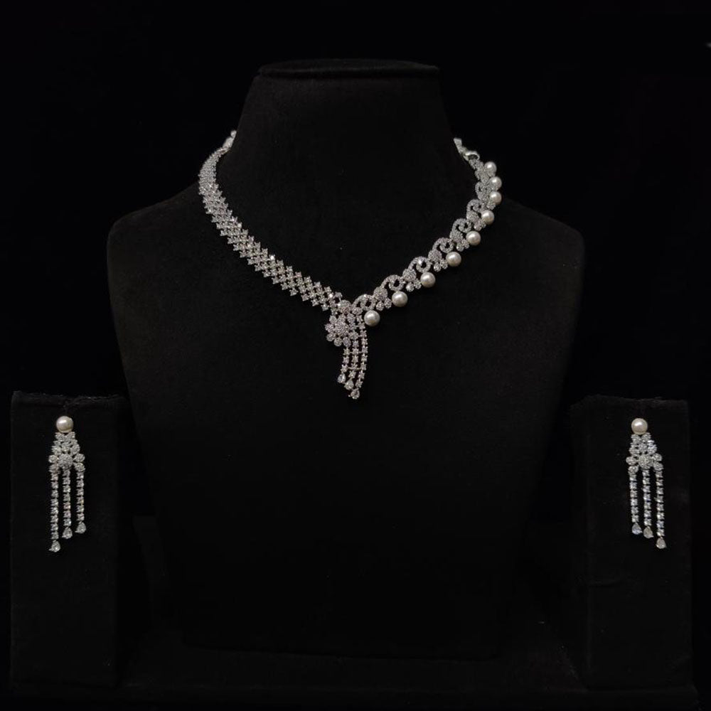 JCM Silver Plated American Daimonds And Pearls Neckalce Set