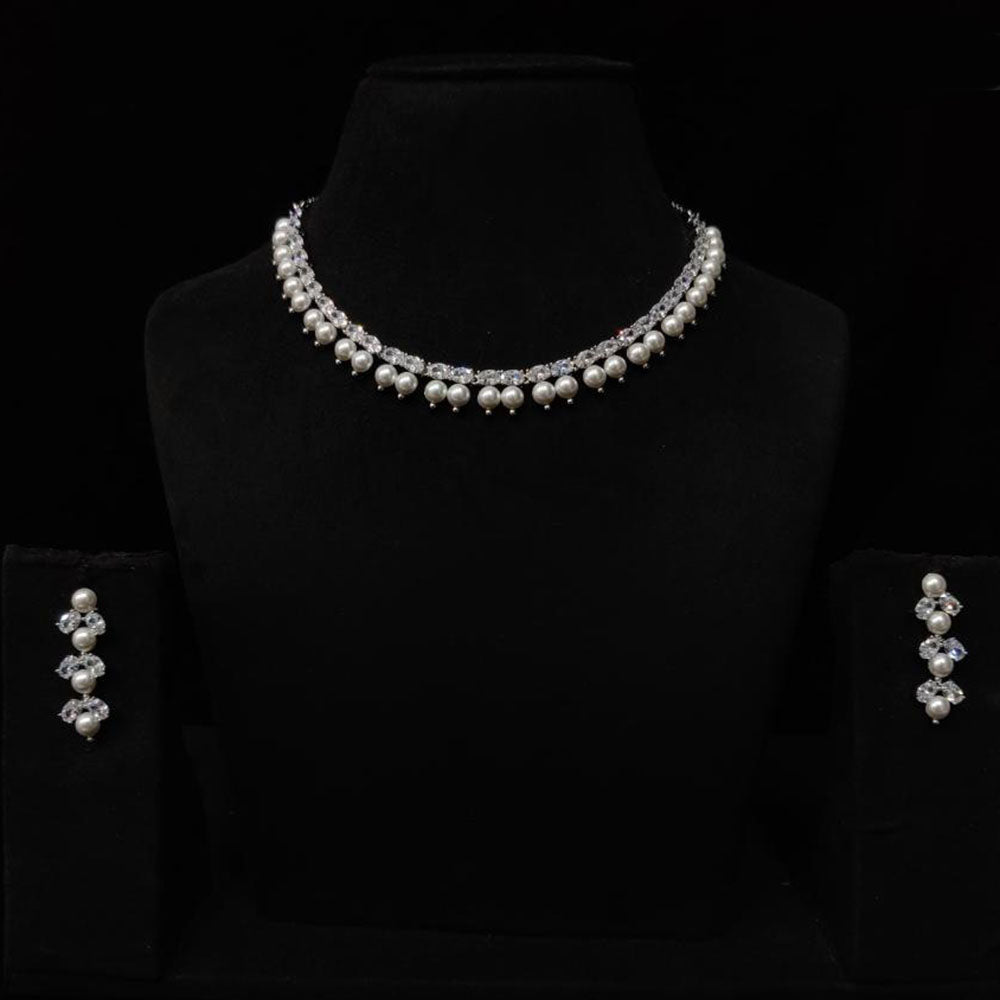 JCM Silver Plated American Daimonds And Pearls Neckalce Set