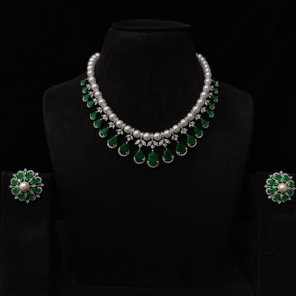 JCM Silver Plated American Daimonds And Pearls Neckalce Set