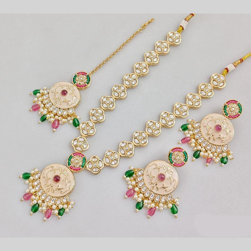 JCM Gold Plated Kundan Stone And Beads Meenkari Long Neckalce Set