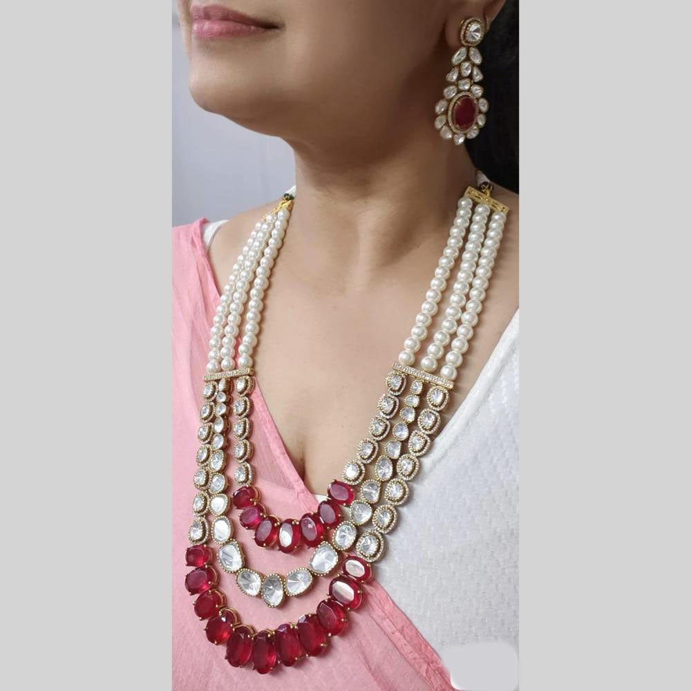JCM Gold Plated Crystal And Pearls Multi Layer Long Necklace Set