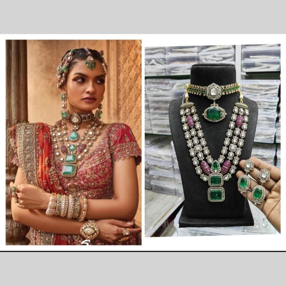 JCM  Gold Plated Crystal Stone Multi Layer Double Necklace Set
