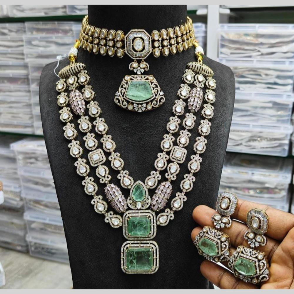 JCM Gold Plated Crystal Stone Multi Layer Double Necklace Set