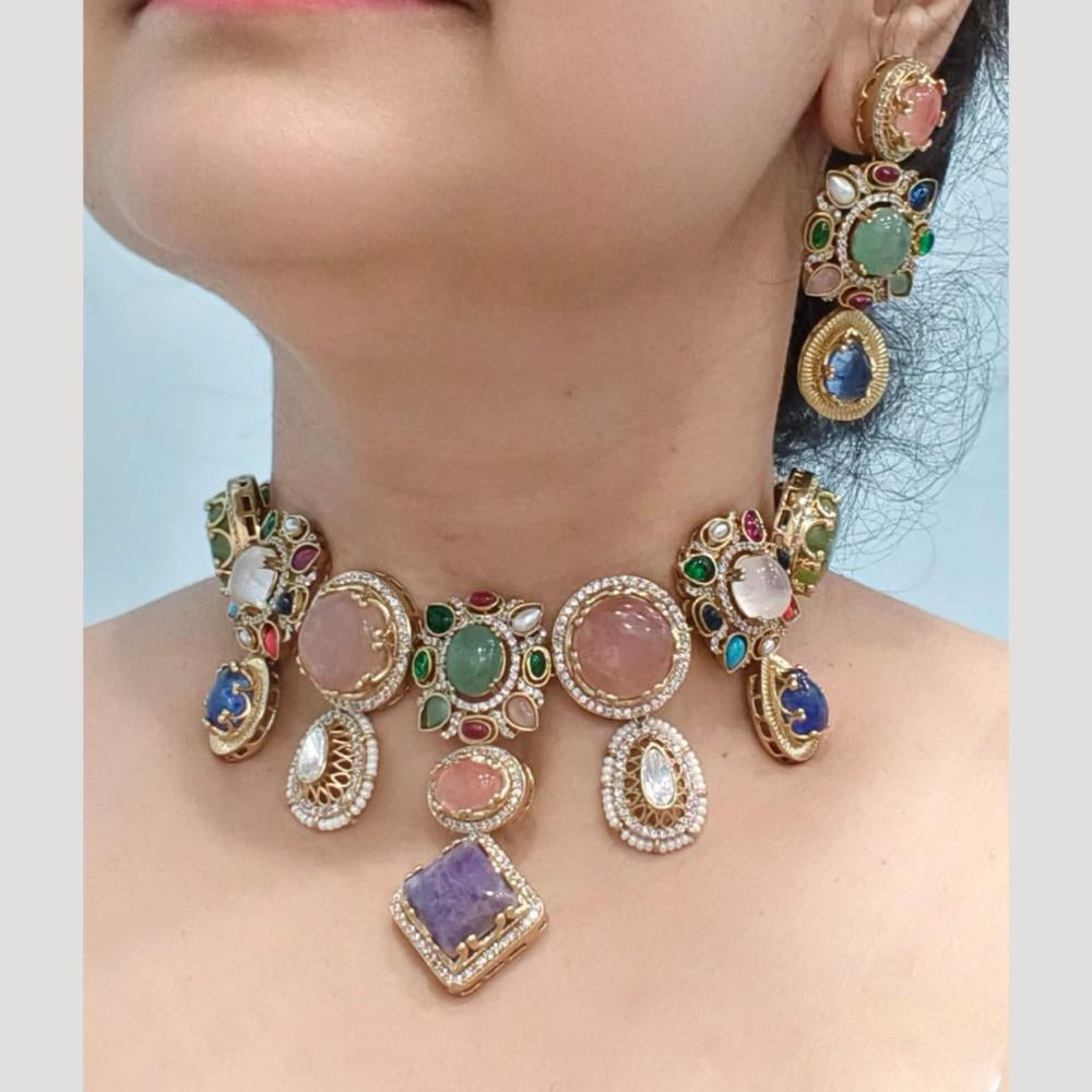 JCM Elegant Gold Plated Multi-Stone Pota Choker Necklace Set