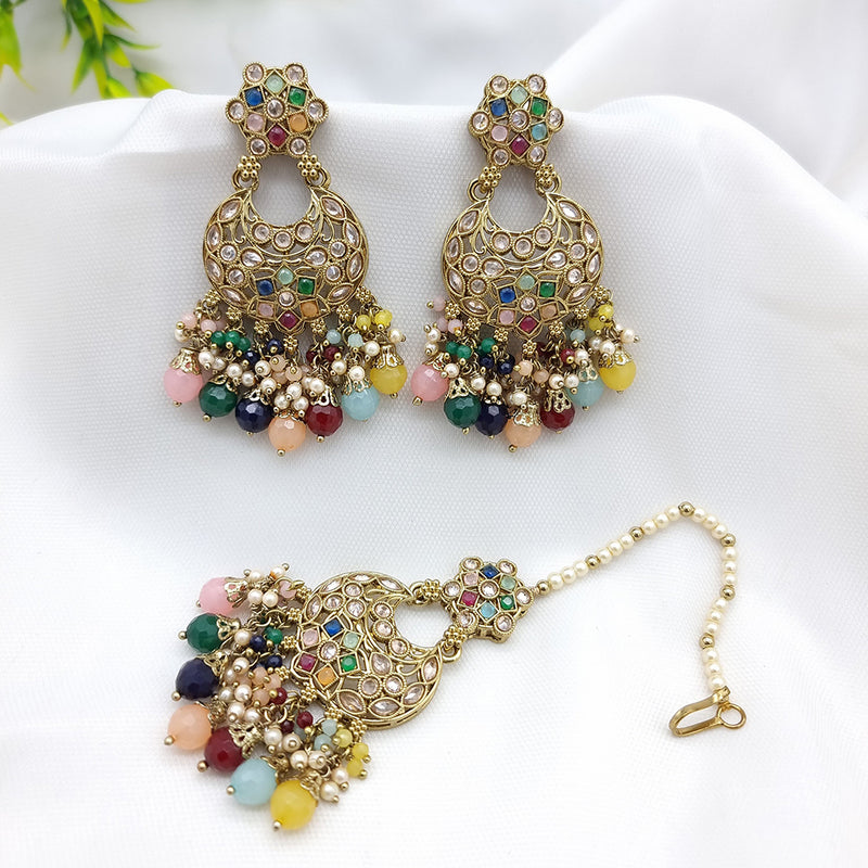 JCM Gold Plated Crystal Stone Dangler Earrings With Maangtikka