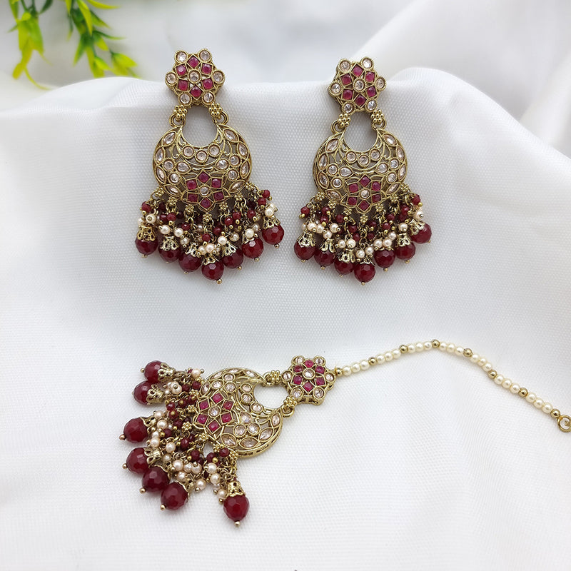 JCM Gold Plated Crystal Stone Dangler Earrings With Maangtikka