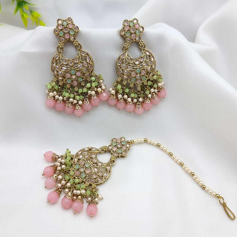 JCM Gold Plated Crystal Stone Dangler Earrings With Maangtikka