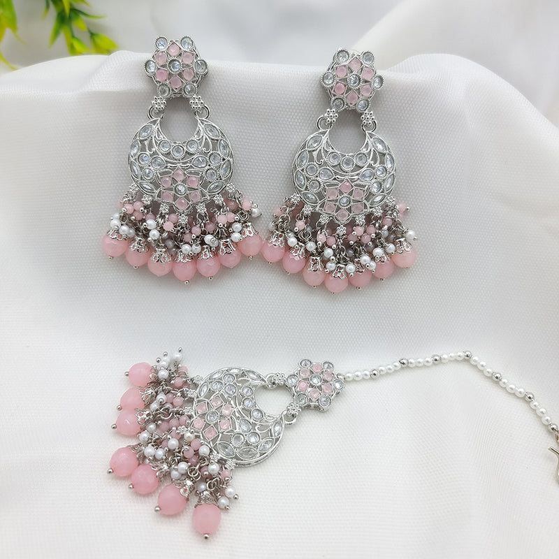 JCM Silver Plated Crystal Stone Dangler Earrings With Maangtikka