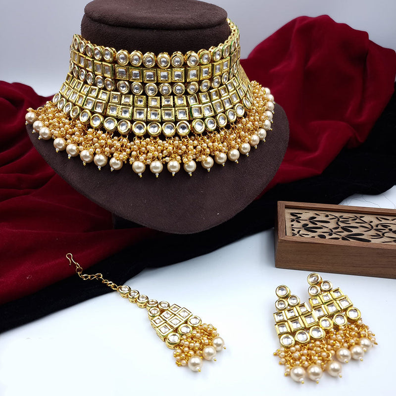 Jcm Gold Plated Pearls Kundan Stone Choker Necklace Set