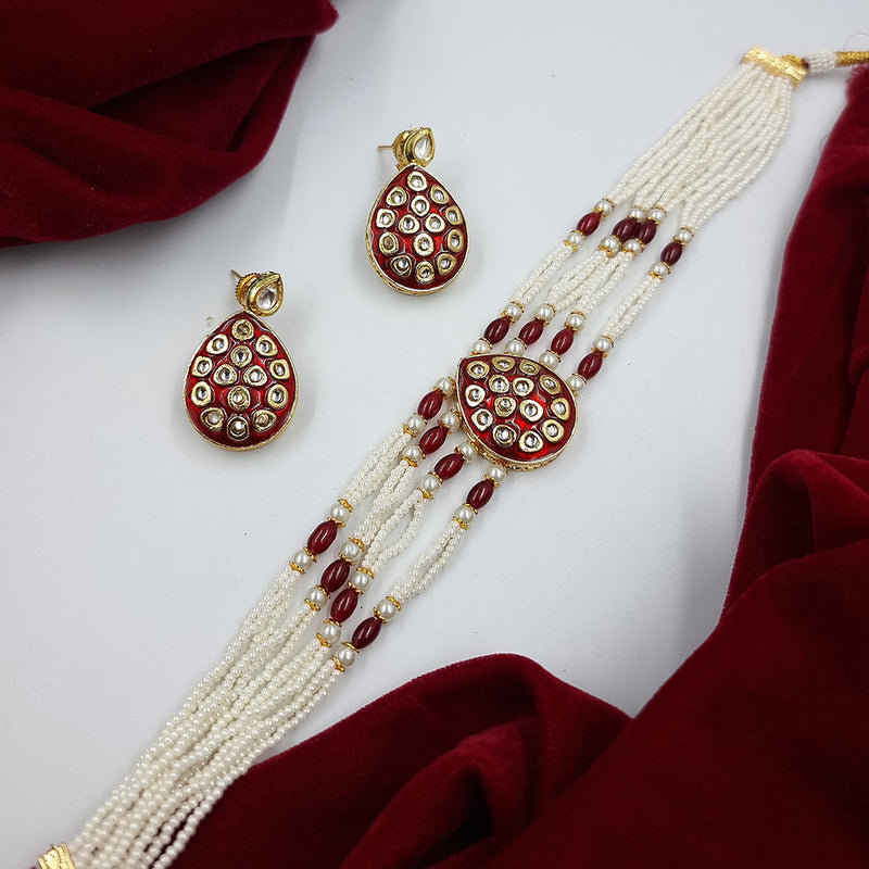 JCM Gold Plated Kundan Stone And Pearls Meenakari Choker Necklace Set