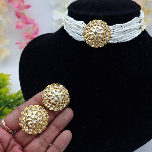 JCM Gold Plated Kundan Stone And Pearls Choker Necklace Set