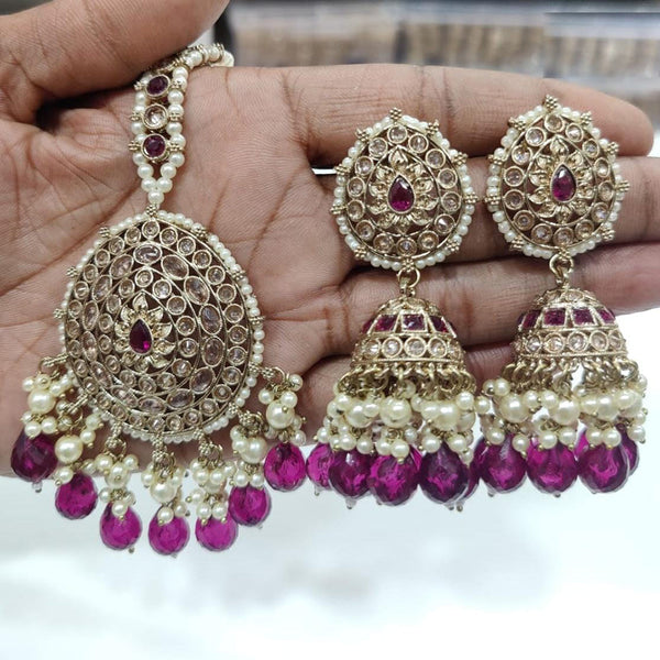 JCM Gold Plated Crystal Stone Jhumki Earrings With Maangtikka