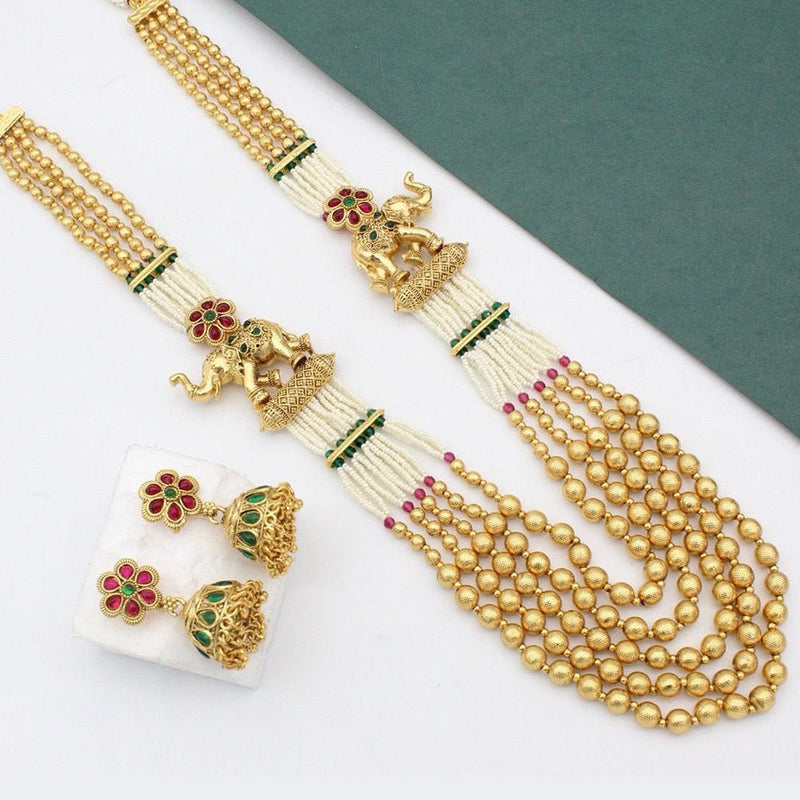 JCM Gold Plated Pota Stone And Pearls Long Necklace Set