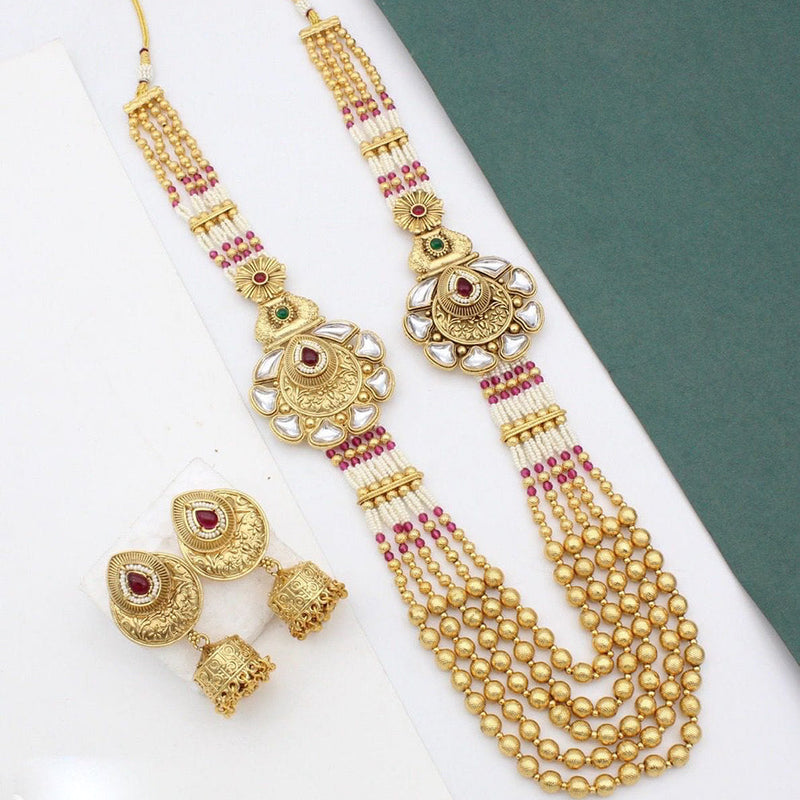 JCM Gold Plated Kundan Stone And Pearls Long Necklace Set