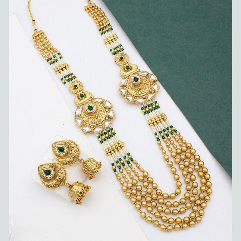 JCM Gold Plated Kundan Stone And Pearls Long Necklace Set