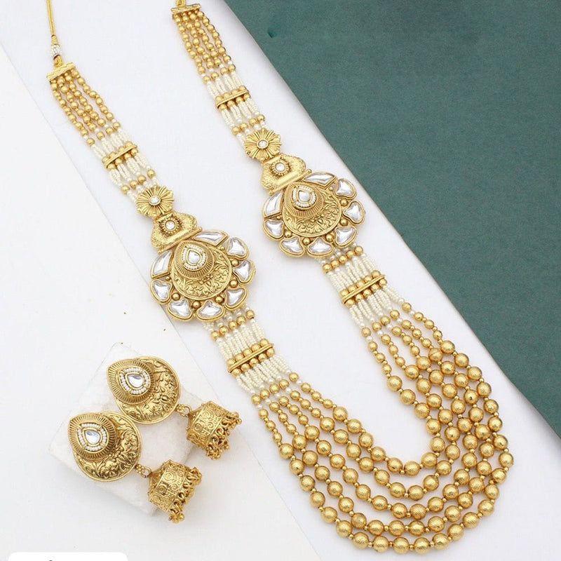 JCM Gold Plated Kundan Stone And Pearls Long Necklace Set