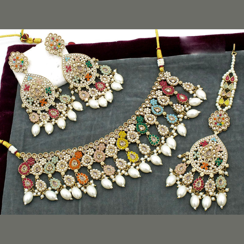 Jcm Gold Plated Crystal Stone And Pearls Choker Necklace Set