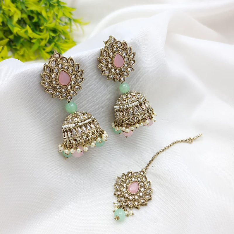 JCM Gold Plated Crystal Stone Jhumki Earrings With Maangtikka