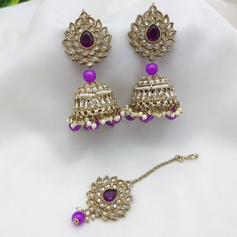 JCM Gold Plated Crystal Stone Jhumki Earrings With Maangtikka