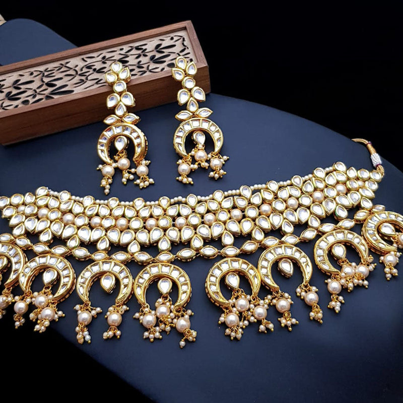 JCM Gold Plated Kundan Stone And Pearls Choker Necklace Set