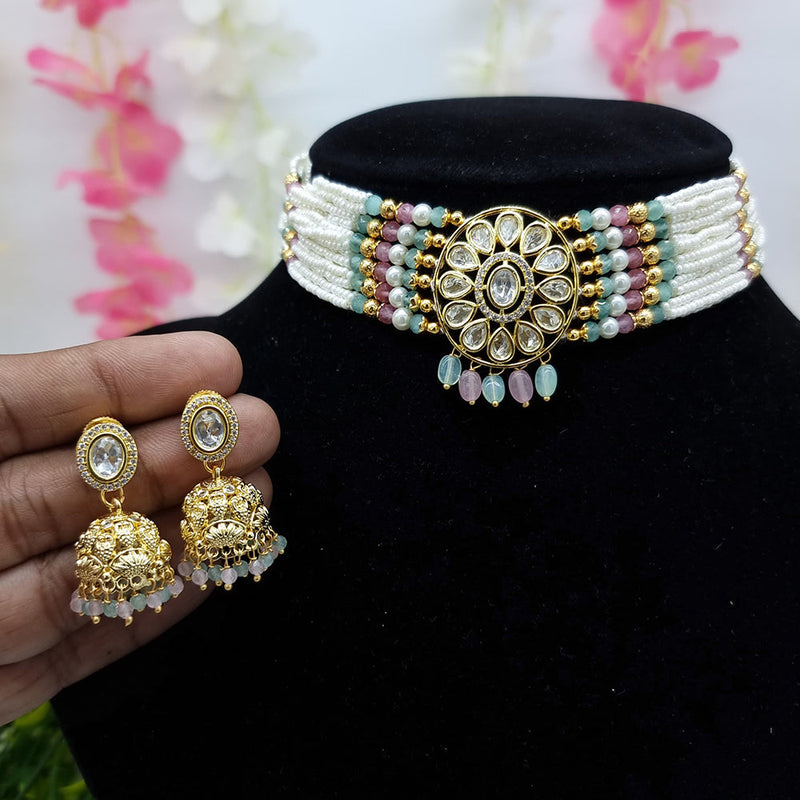 JCM Gold Plated Pearl And Kundan Choker Necklace Set