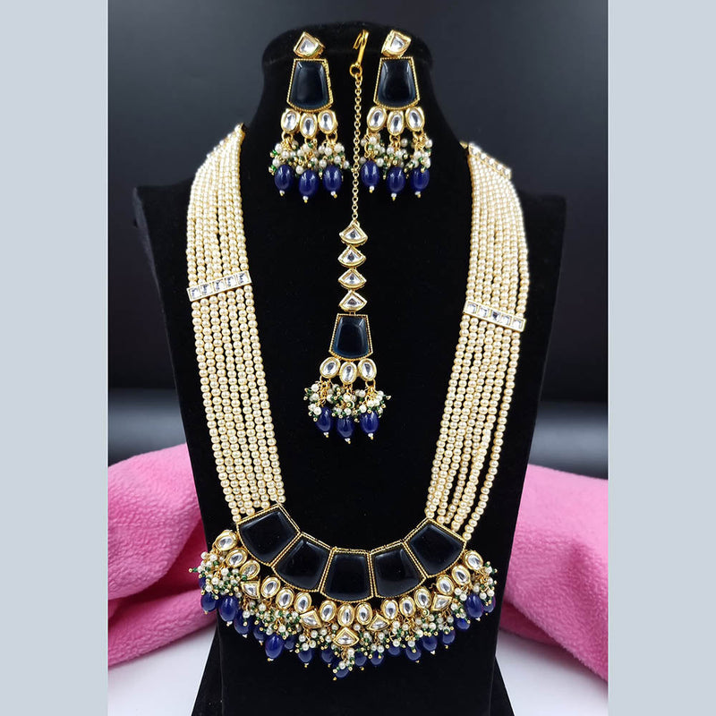 JCM Gold Plated Kundan Stone And Pearls Long Necklace Set