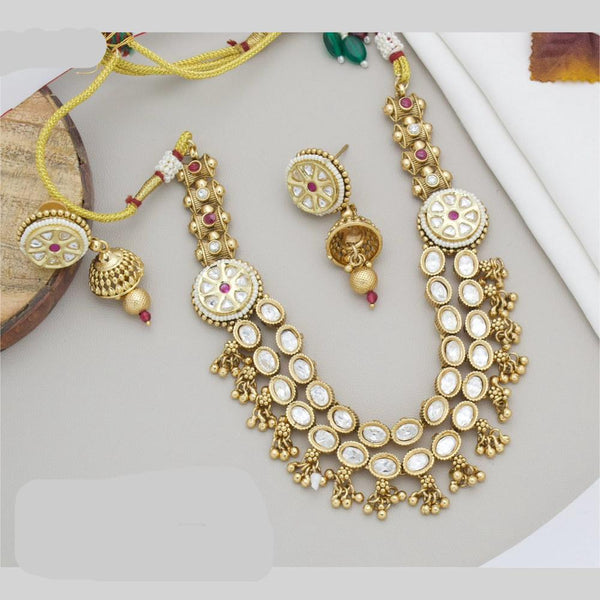 JCM Gold Plated Kundan Stone And Pearls Necklace Set