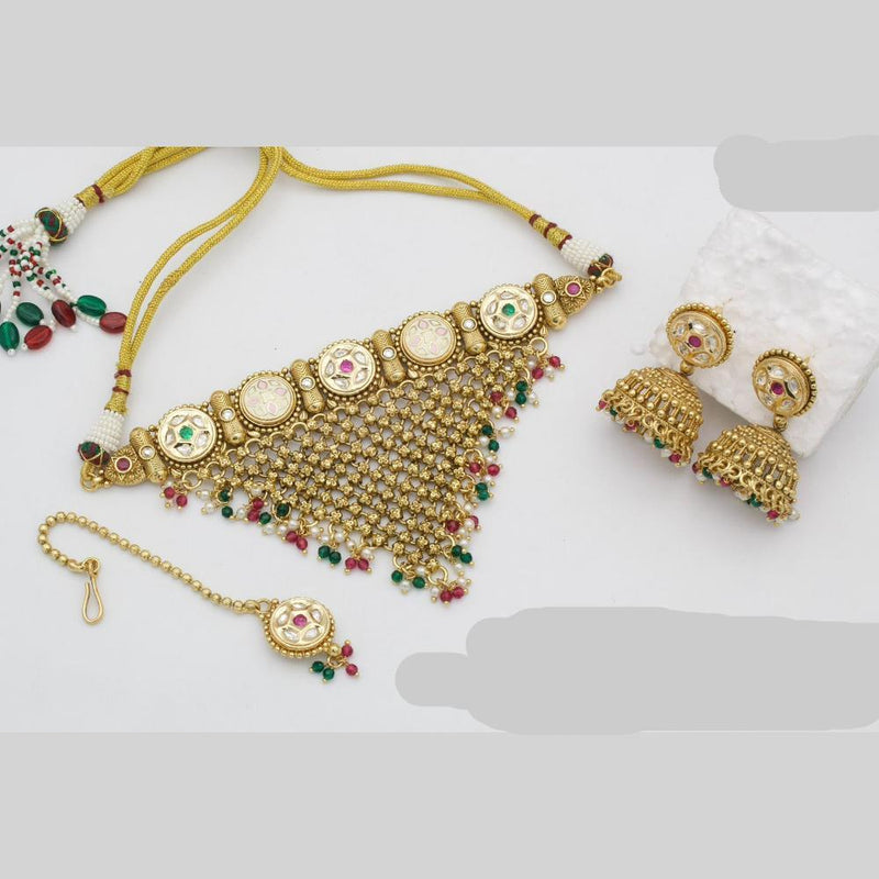 JCM Gold Plated Polki Kundan Stone And Pearls Meenakari Choker Necklace Set