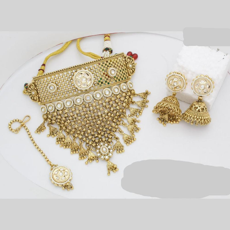 JCM Gold Plated Polki Kundan Stone And Pearls Meenakari Choker Necklace Set