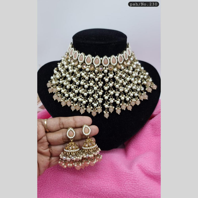 JCM Gold Plated Crystal Stone And Pearls Choker Necklace Set