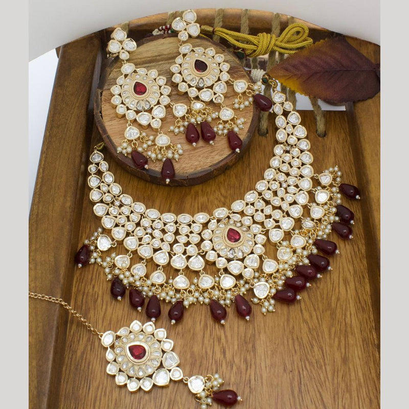 JCM Gold Plated Polki Kundan Stone Beads Necklace Set