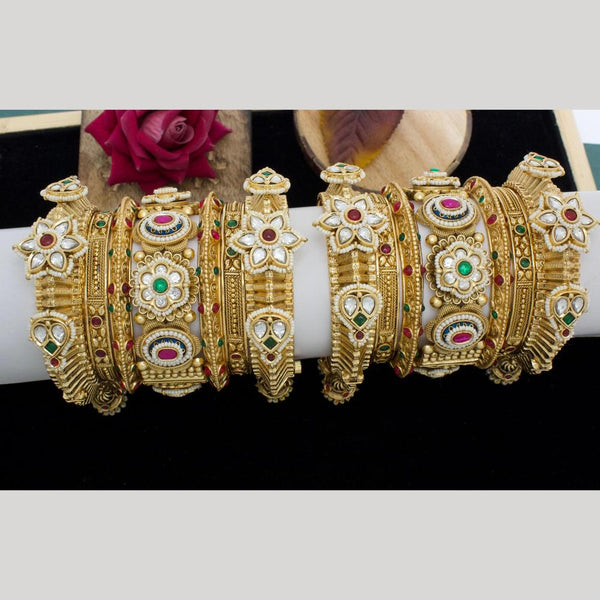 JCM Gold Plated Pota Stone And Pearls Openable Bangles Set