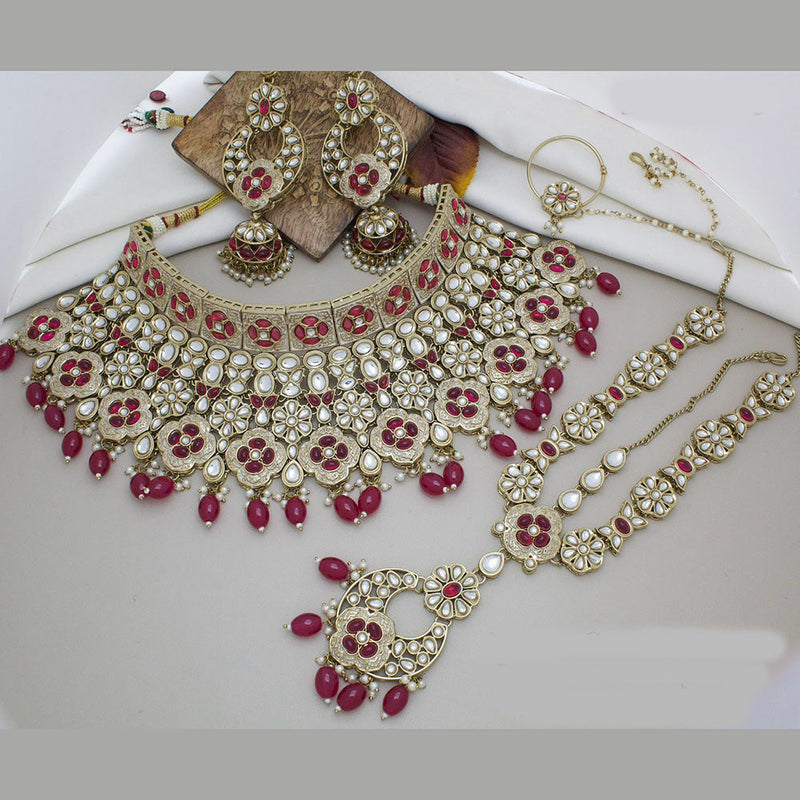 JCM Gold Plated Kundan Stone And Pearls Semi Bridal Necklace Set