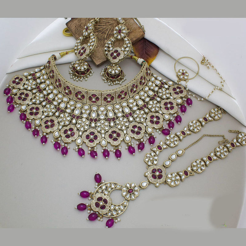 JCM Gold Plated Kundan Stone And Pearls Semi Bridal Necklace Set