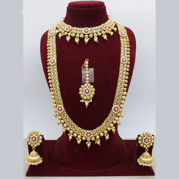 JCM Gold Plated Pota Stone And Pearls Double Necklace Set