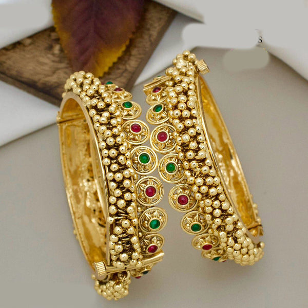 JCM Gold Plated Pota Stone And Pearls Openable Bangles Set