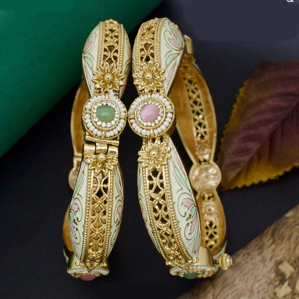 JCM Gold Plated Pota Stone And Pearls Meenakari Openable Bangles Set