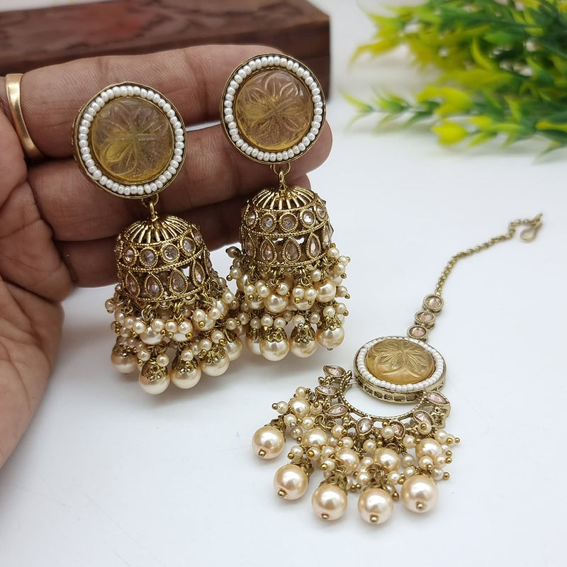 JCM Gold Plated Crystal Stone Jhumki Earrings With Maangtikka