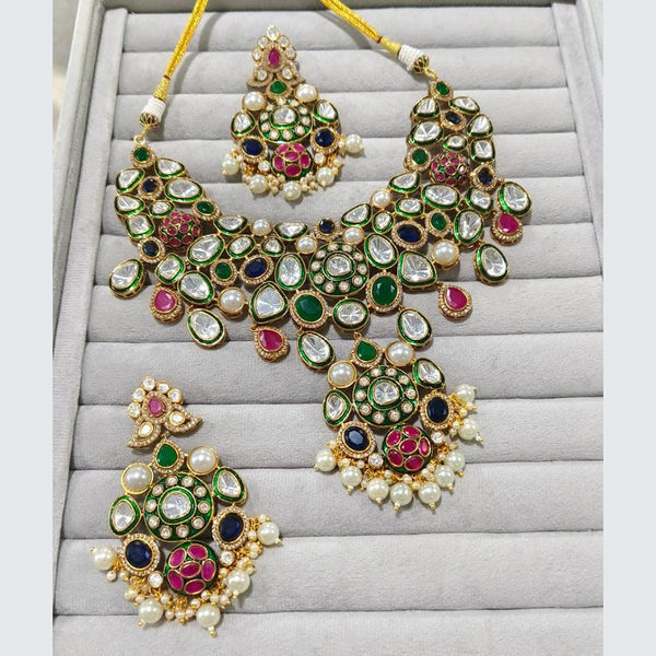 JCM Gold Plated Polki Kundan Stone Meenakari Necklace Set