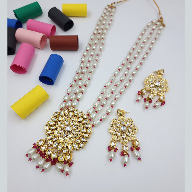 JCM Gold Plated Kundan Stone Pearls And Beads Long Necklace Set