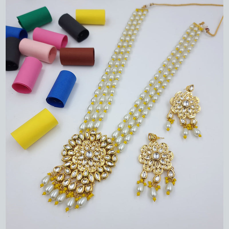 JCM Gold Plated Kundan Stone Pearls And Beads Long Necklace Set