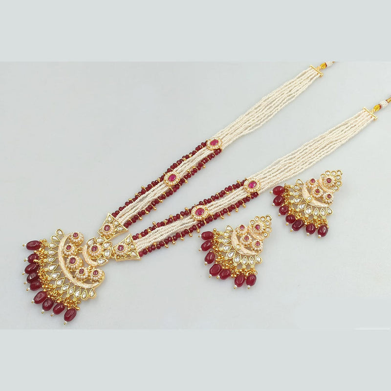 JCM Gold Plated Kundan Stone Pearls And Beads Long Necklace Set