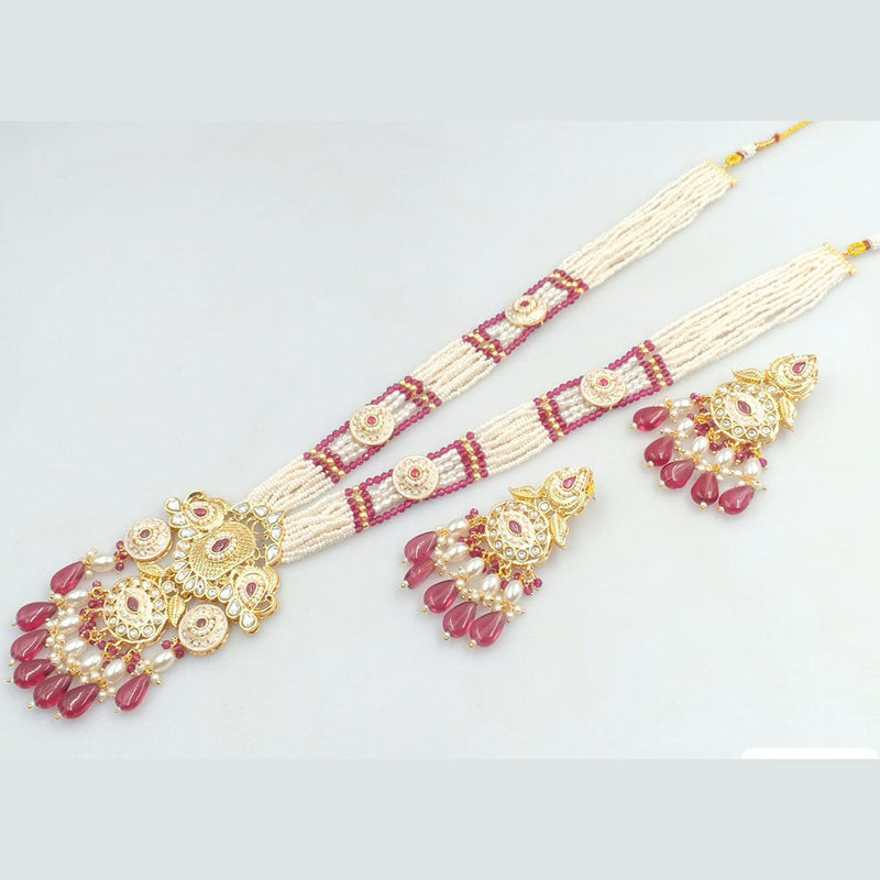 JCM Gold Plated Kundan Stone Pearls And Beads Meenakari Long Necklace Set