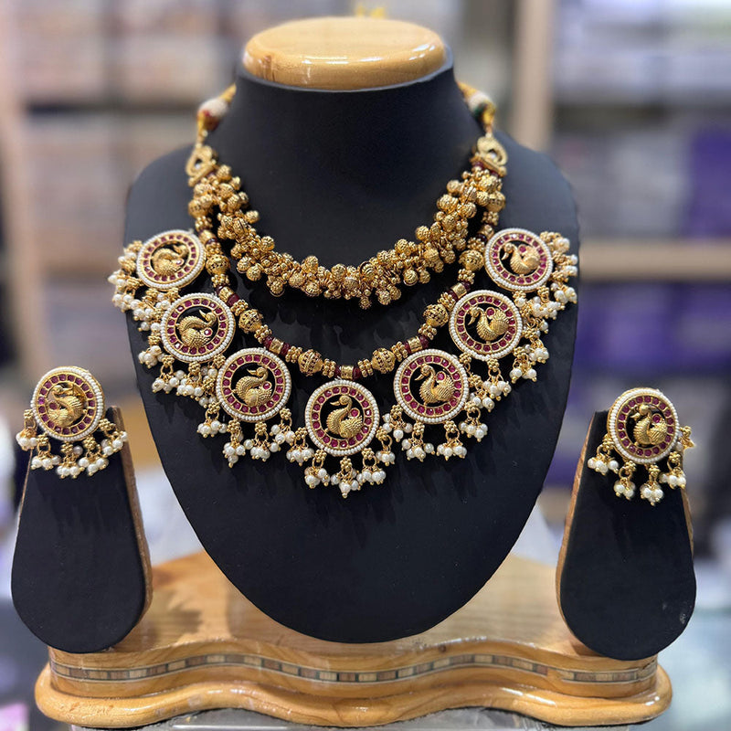 JCM Gold Plated Pota Stone And Pearls Peacock Necklace Set