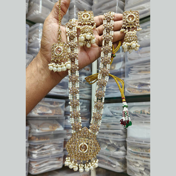 JCM Gold Plated Crystal Stone And Pearls Long  Necklace Set